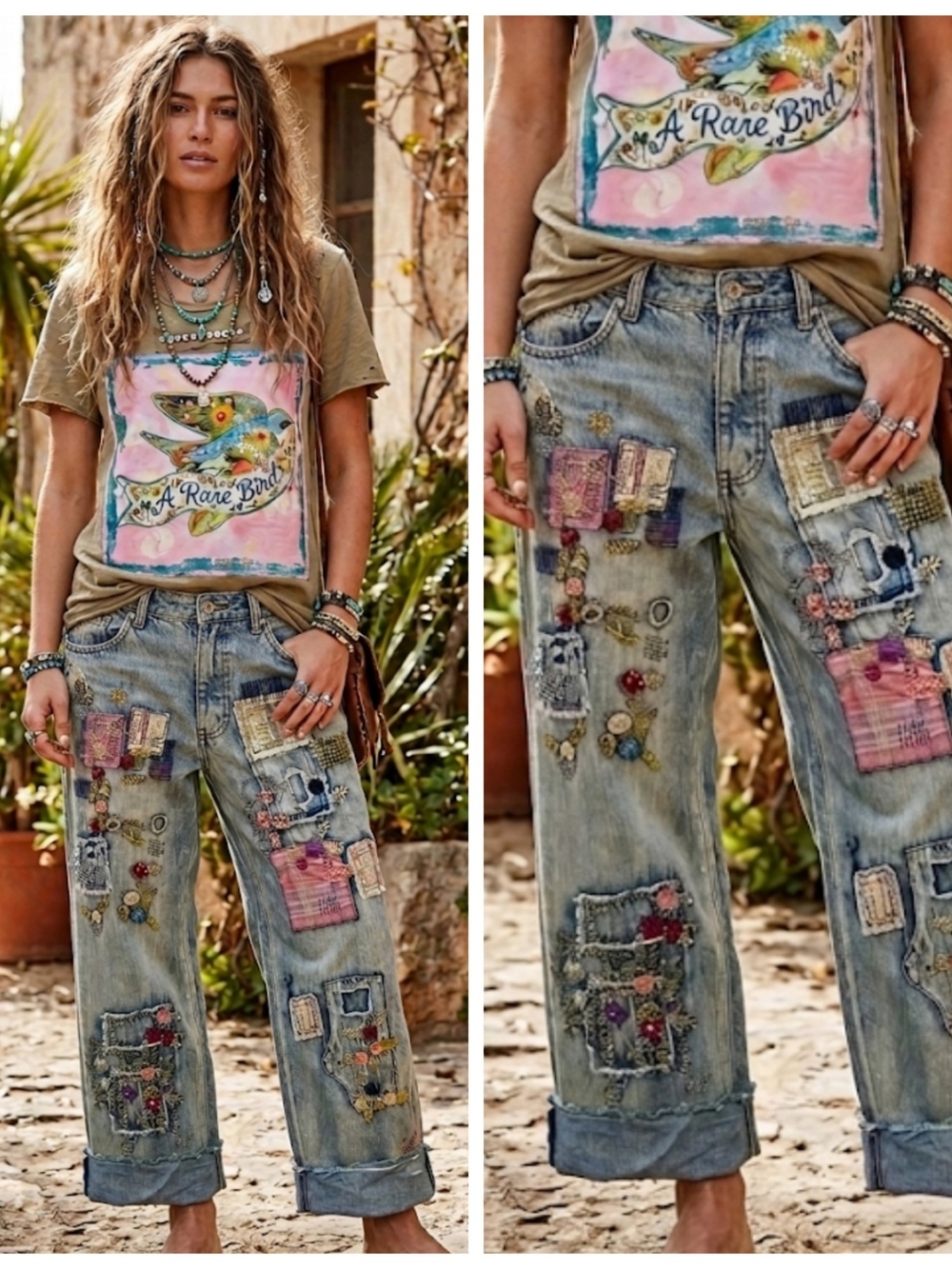 Boho Patchwork Embroidered Light Vintage Wash Jeans